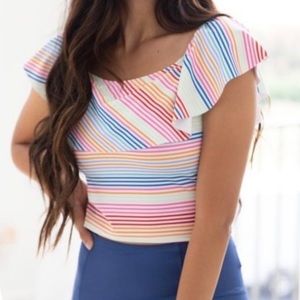 KORTNI JEANE Ruffle Around Top in Rainbow Stripe